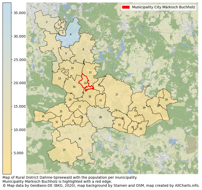 Map of Rural district Dahme-Spreewald with the population per municipality.Municipality Märkisch Buchholz is highlighted with a red edge.. This page shows a lot of information about residents (such as the distribution by age groups, family composition, gender, native or German with an immigration background, ...), homes (numbers, types, price development, use, type of property, ...) and more (car ownership, energy consumption, ...) based on open data from the German Federal Agency for Cartography, the Federal Statistical Office (DESTATIS), the Regional Statistical Offices and various other sources!