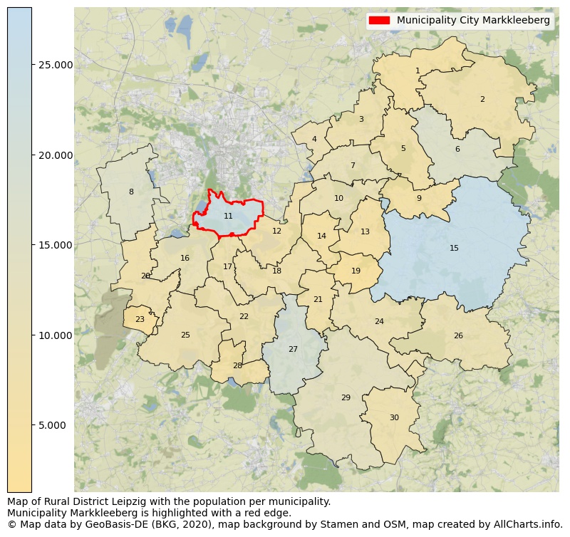 Map of Rural district Leipzig with the population per municipality.Municipality Markkleeberg is highlighted with a red edge.. This page shows a lot of information about residents (such as the distribution by age groups, family composition, gender, native or German with an immigration background, ...), homes (numbers, types, price development, use, type of property, ...) and more (car ownership, energy consumption, ...) based on open data from the German Federal Agency for Cartography, the Federal Statistical Office (DESTATIS), the Regional Statistical Offices and various other sources!