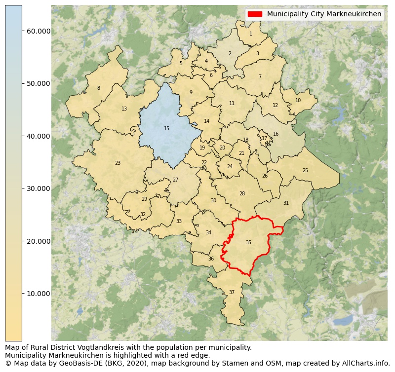 Map of Rural district Vogtlandkreis with the population per municipality.Municipality Markneukirchen is highlighted with a red edge.. This page shows a lot of information about residents (such as the distribution by age groups, family composition, gender, native or German with an immigration background, ...), homes (numbers, types, price development, use, type of property, ...) and more (car ownership, energy consumption, ...) based on open data from the German Federal Agency for Cartography, the Federal Statistical Office (DESTATIS), the Regional Statistical Offices and various other sources!