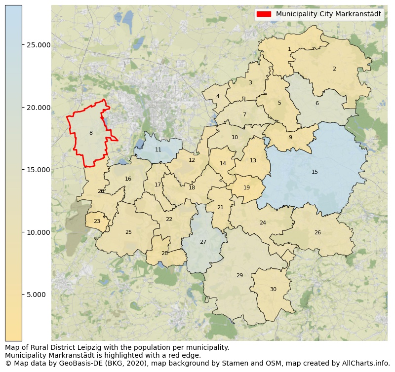 Map of Rural district Leipzig with the population per municipality.Municipality Markranstädt is highlighted with a red edge.. This page shows a lot of information about residents (such as the distribution by age groups, family composition, gender, native or German with an immigration background, ...), homes (numbers, types, price development, use, type of property, ...) and more (car ownership, energy consumption, ...) based on open data from the German Federal Agency for Cartography, the Federal Statistical Office (DESTATIS), the Regional Statistical Offices and various other sources!