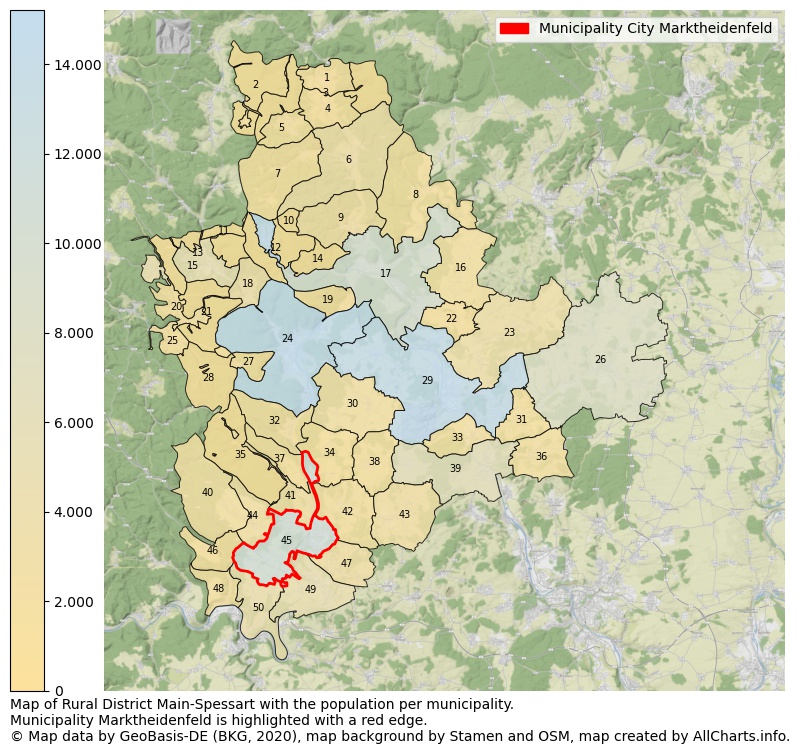 Map of Rural district Main-Spessart with the population per municipality.Municipality Marktheidenfeld is highlighted with a red edge.. This page shows a lot of information about residents (such as the distribution by age groups, family composition, gender, native or German with an immigration background, ...), homes (numbers, types, price development, use, type of property, ...) and more (car ownership, energy consumption, ...) based on open data from the German Federal Agency for Cartography, the Federal Statistical Office (DESTATIS), the Regional Statistical Offices and various other sources!