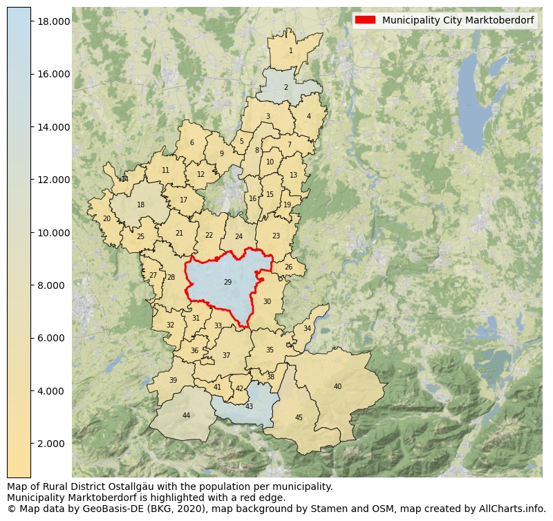 Map of Rural district Ostallgäu with the population per municipality.Municipality Marktoberdorf is highlighted with a red edge.. This page shows a lot of information about residents (such as the distribution by age groups, family composition, gender, native or German with an immigration background, ...), homes (numbers, types, price development, use, type of property, ...) and more (car ownership, energy consumption, ...) based on open data from the German Federal Agency for Cartography, the Federal Statistical Office (DESTATIS), the Regional Statistical Offices and various other sources!