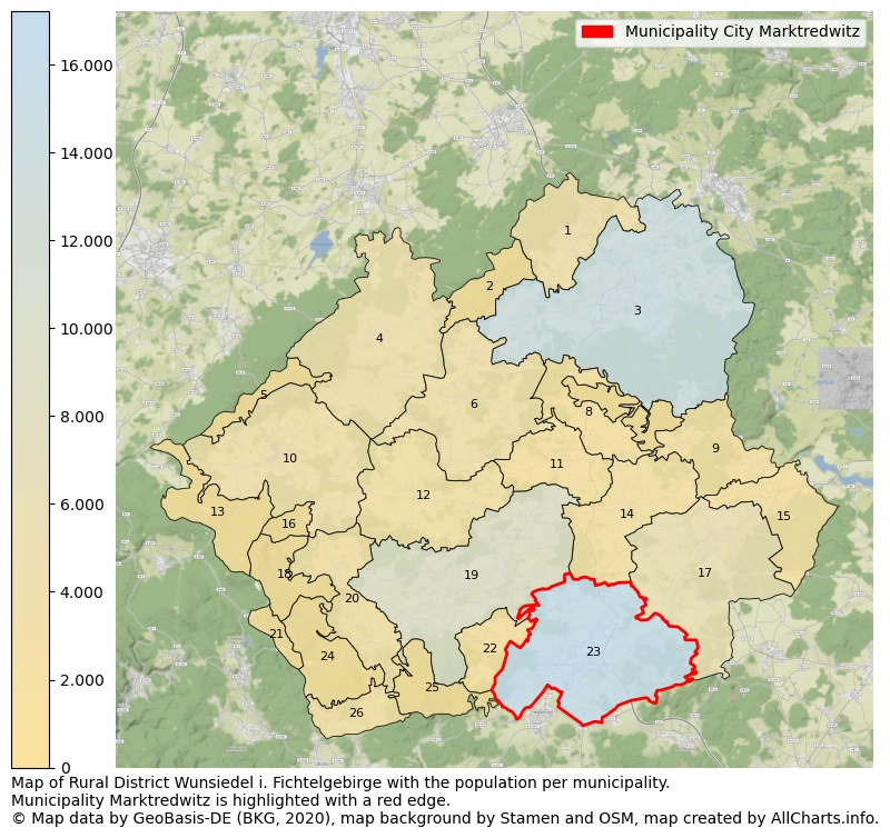 Map of Rural district Wunsiedel i. Fichtelgebirge with the population per municipality.Municipality Marktredwitz is highlighted with a red edge.. This page shows a lot of information about residents (such as the distribution by age groups, family composition, gender, native or German with an immigration background, ...), homes (numbers, types, price development, use, type of property, ...) and more (car ownership, energy consumption, ...) based on open data from the German Federal Agency for Cartography, the Federal Statistical Office (DESTATIS), the Regional Statistical Offices and various other sources!