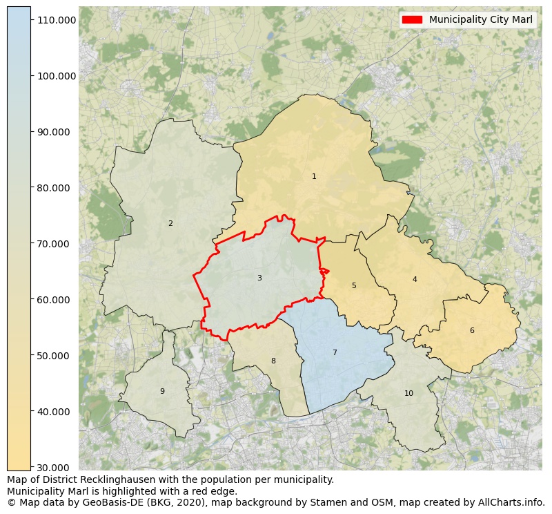 Map of District Recklinghausen with the population per municipality.Municipality Marl is highlighted with a red edge.. This page shows a lot of information about residents (such as the distribution by age groups, family composition, gender, native or German with an immigration background, ...), homes (numbers, types, price development, use, type of property, ...) and more (car ownership, energy consumption, ...) based on open data from the German Federal Agency for Cartography, the Federal Statistical Office (DESTATIS), the Regional Statistical Offices and various other sources!