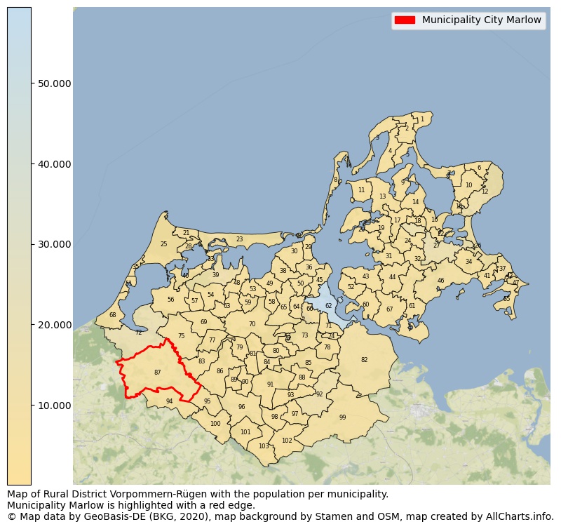 Map of Rural district Vorpommern-Rügen with the population per municipality.Municipality Marlow is highlighted with a red edge.. This page shows a lot of information about residents (such as the distribution by age groups, family composition, gender, native or German with an immigration background, ...), homes (numbers, types, price development, use, type of property, ...) and more (car ownership, energy consumption, ...) based on open data from the German Federal Agency for Cartography, the Federal Statistical Office (DESTATIS), the Regional Statistical Offices and various other sources!