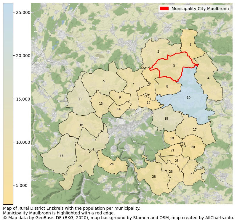 Map of Rural district Enzkreis with the population per municipality.Municipality Maulbronn is highlighted with a red edge.. This page shows a lot of information about residents (such as the distribution by age groups, family composition, gender, native or German with an immigration background, ...), homes (numbers, types, price development, use, type of property, ...) and more (car ownership, energy consumption, ...) based on open data from the German Federal Agency for Cartography, the Federal Statistical Office (DESTATIS), the Regional Statistical Offices and various other sources!
