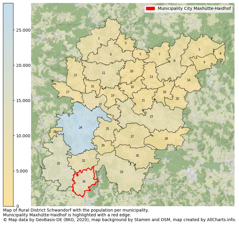 Map of Rural district Schwandorf with the population per municipality.Municipality Maxhütte-Haidhof is highlighted with a red edge.. This page shows a lot of information about residents (such as the distribution by age groups, family composition, gender, native or German with an immigration background, ...), homes (numbers, types, price development, use, type of property, ...) and more (car ownership, energy consumption, ...) based on open data from the German Federal Agency for Cartography, the Federal Statistical Office (DESTATIS), the Regional Statistical Offices and various other sources!