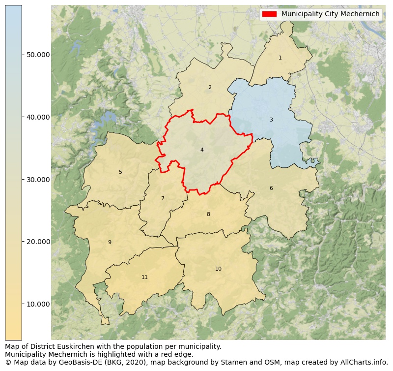 Map of District Euskirchen with the population per municipality.Municipality Mechernich is highlighted with a red edge.. This page shows a lot of information about residents (such as the distribution by age groups, family composition, gender, native or German with an immigration background, ...), homes (numbers, types, price development, use, type of property, ...) and more (car ownership, energy consumption, ...) based on open data from the German Federal Agency for Cartography, the Federal Statistical Office (DESTATIS), the Regional Statistical Offices and various other sources!
