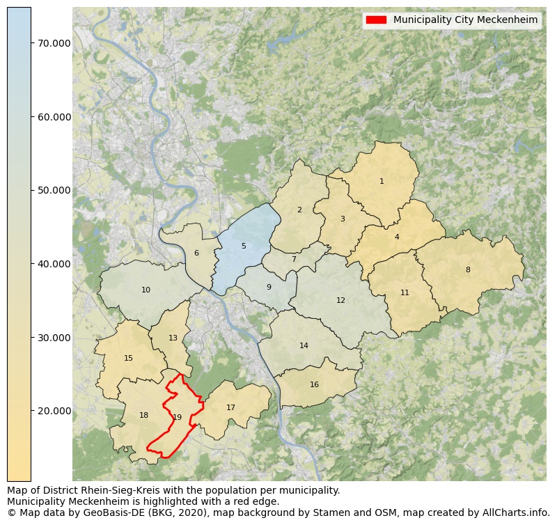 Map of District Rhein-Sieg-Kreis with the population per municipality.Municipality Meckenheim is highlighted with a red edge.. This page shows a lot of information about residents (such as the distribution by age groups, family composition, gender, native or German with an immigration background, ...), homes (numbers, types, price development, use, type of property, ...) and more (car ownership, energy consumption, ...) based on open data from the German Federal Agency for Cartography, the Federal Statistical Office (DESTATIS), the Regional Statistical Offices and various other sources!