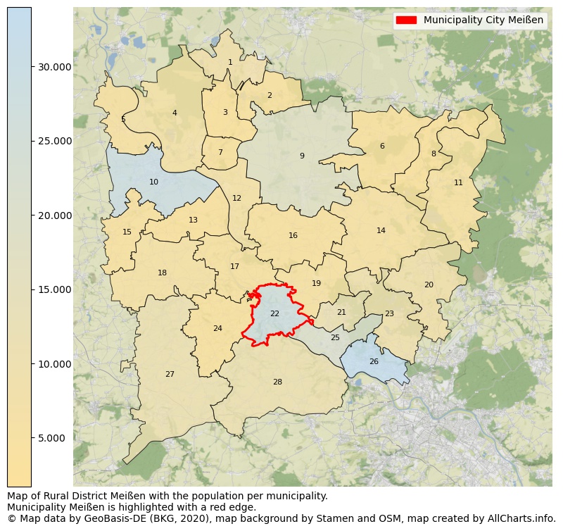 Map of Rural district Meißen with the population per municipality.Municipality Meißen is highlighted with a red edge.. This page shows a lot of information about residents (such as the distribution by age groups, family composition, gender, native or German with an immigration background, ...), homes (numbers, types, price development, use, type of property, ...) and more (car ownership, energy consumption, ...) based on open data from the German Federal Agency for Cartography, the Federal Statistical Office (DESTATIS), the Regional Statistical Offices and various other sources!