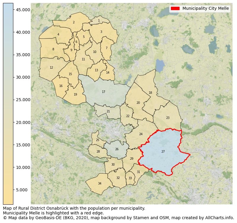 Map of Rural district Osnabrück with the population per municipality.Municipality Melle is highlighted with a red edge.. This page shows a lot of information about residents (such as the distribution by age groups, family composition, gender, native or German with an immigration background, ...), homes (numbers, types, price development, use, type of property, ...) and more (car ownership, energy consumption, ...) based on open data from the German Federal Agency for Cartography, the Federal Statistical Office (DESTATIS), the Regional Statistical Offices and various other sources!