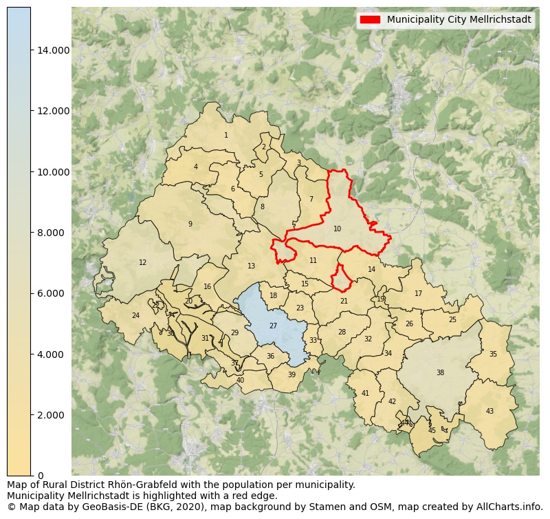 Map of Rural district Rhön-Grabfeld with the population per municipality.Municipality Mellrichstadt is highlighted with a red edge.. This page shows a lot of information about residents (such as the distribution by age groups, family composition, gender, native or German with an immigration background, ...), homes (numbers, types, price development, use, type of property, ...) and more (car ownership, energy consumption, ...) based on open data from the German Federal Agency for Cartography, the Federal Statistical Office (DESTATIS), the Regional Statistical Offices and various other sources!