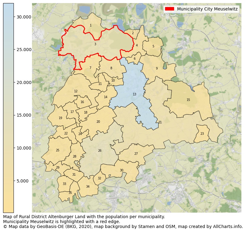 Map of Rural district Altenburger Land with the population per municipality.Municipality Meuselwitz is highlighted with a red edge.. This page shows a lot of information about residents (such as the distribution by age groups, family composition, gender, native or German with an immigration background, ...), homes (numbers, types, price development, use, type of property, ...) and more (car ownership, energy consumption, ...) based on open data from the German Federal Agency for Cartography, the Federal Statistical Office (DESTATIS), the Regional Statistical Offices and various other sources!