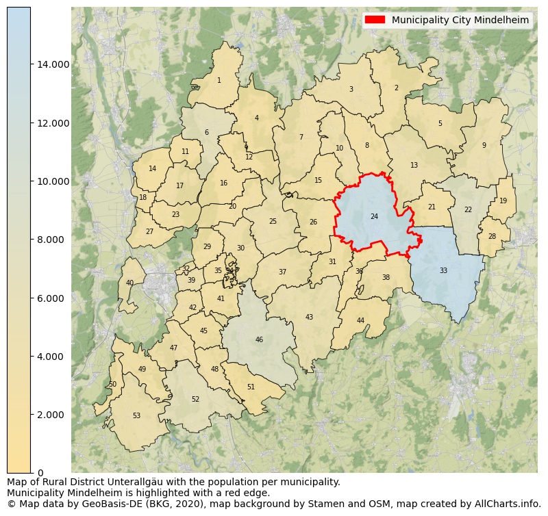 Map of Rural district Unterallgäu with the population per municipality.Municipality Mindelheim is highlighted with a red edge.. This page shows a lot of information about residents (such as the distribution by age groups, family composition, gender, native or German with an immigration background, ...), homes (numbers, types, price development, use, type of property, ...) and more (car ownership, energy consumption, ...) based on open data from the German Federal Agency for Cartography, the Federal Statistical Office (DESTATIS), the Regional Statistical Offices and various other sources!