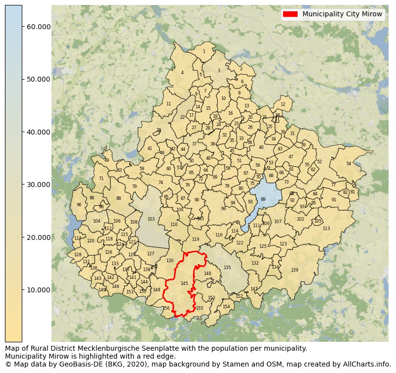 Map of Rural district Mecklenburgische Seenplatte with the population per municipality.Municipality Mirow is highlighted with a red edge.. This page shows a lot of information about residents (such as the distribution by age groups, family composition, gender, native or German with an immigration background, ...), homes (numbers, types, price development, use, type of property, ...) and more (car ownership, energy consumption, ...) based on open data from the German Federal Agency for Cartography, the Federal Statistical Office (DESTATIS), the Regional Statistical Offices and various other sources!