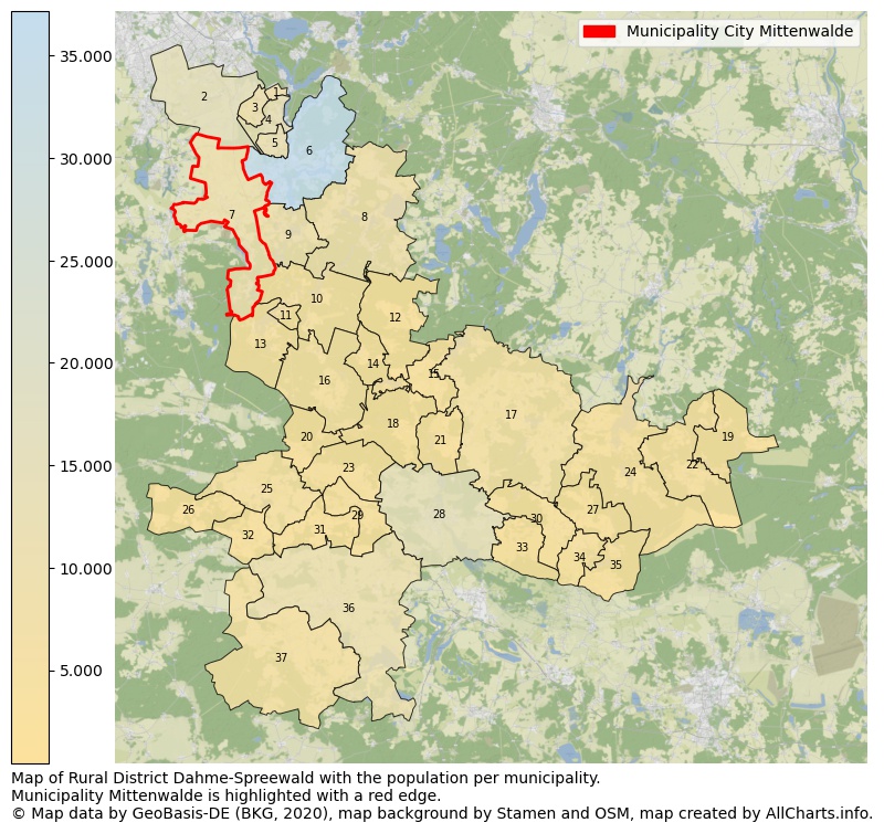 Map of Rural district Dahme-Spreewald with the population per municipality.Municipality Mittenwalde is highlighted with a red edge.. This page shows a lot of information about residents (such as the distribution by age groups, family composition, gender, native or German with an immigration background, ...), homes (numbers, types, price development, use, type of property, ...) and more (car ownership, energy consumption, ...) based on open data from the German Federal Agency for Cartography, the Federal Statistical Office (DESTATIS), the Regional Statistical Offices and various other sources!
