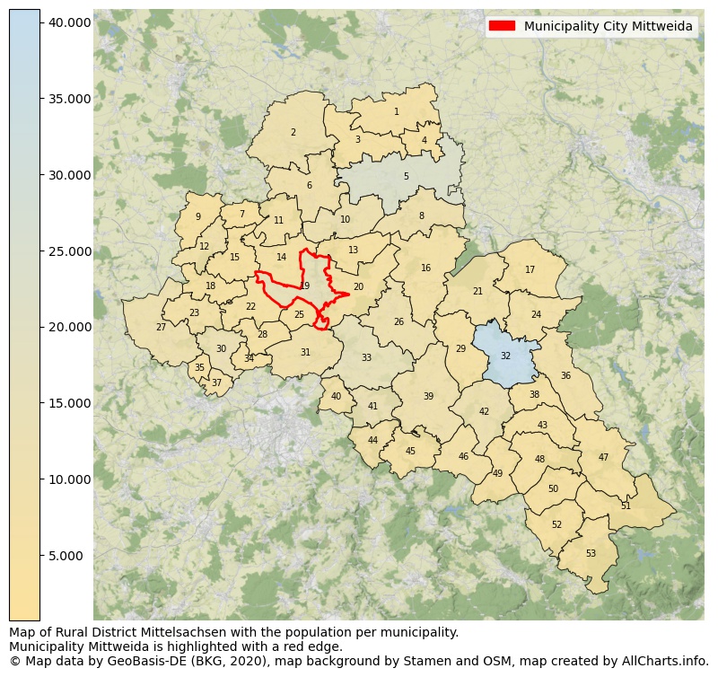 Map of Rural district Mittelsachsen with the population per municipality.Municipality Mittweida is highlighted with a red edge.. This page shows a lot of information about residents (such as the distribution by age groups, family composition, gender, native or German with an immigration background, ...), homes (numbers, types, price development, use, type of property, ...) and more (car ownership, energy consumption, ...) based on open data from the German Federal Agency for Cartography, the Federal Statistical Office (DESTATIS), the Regional Statistical Offices and various other sources!
