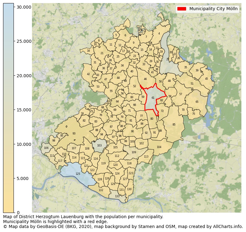 Map of District Herzogtum Lauenburg with the population per municipality.Municipality Mölln is highlighted with a red edge.. This page shows a lot of information about residents (such as the distribution by age groups, family composition, gender, native or German with an immigration background, ...), homes (numbers, types, price development, use, type of property, ...) and more (car ownership, energy consumption, ...) based on open data from the German Federal Agency for Cartography, the Federal Statistical Office (DESTATIS), the Regional Statistical Offices and various other sources!
