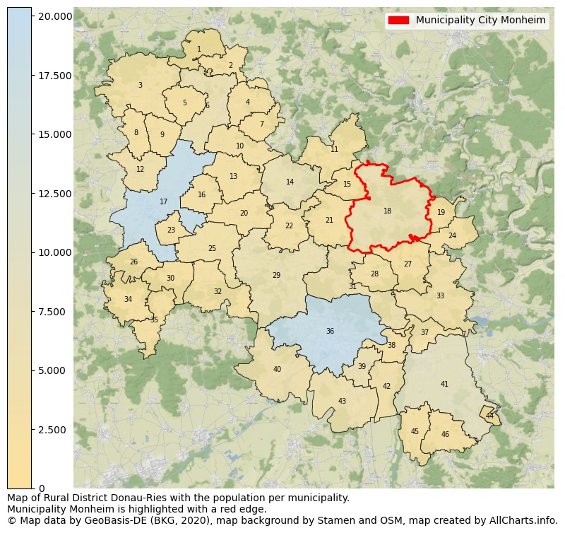 Map of Rural district Donau-Ries with the population per municipality.Municipality Monheim is highlighted with a red edge.. This page shows a lot of information about residents (such as the distribution by age groups, family composition, gender, native or German with an immigration background, ...), homes (numbers, types, price development, use, type of property, ...) and more (car ownership, energy consumption, ...) based on open data from the German Federal Agency for Cartography, the Federal Statistical Office (DESTATIS), the Regional Statistical Offices and various other sources!