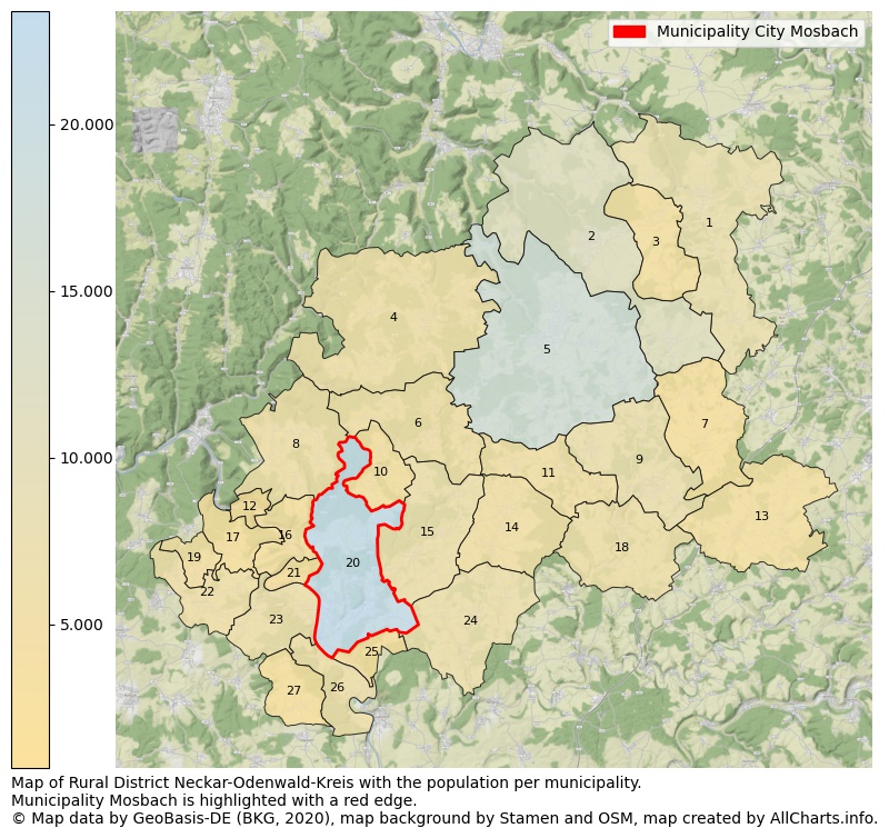 Map of Rural district Neckar-Odenwald-Kreis with the population per municipality.Municipality Mosbach is highlighted with a red edge.. This page shows a lot of information about residents (such as the distribution by age groups, family composition, gender, native or German with an immigration background, ...), homes (numbers, types, price development, use, type of property, ...) and more (car ownership, energy consumption, ...) based on open data from the German Federal Agency for Cartography, the Federal Statistical Office (DESTATIS), the Regional Statistical Offices and various other sources!