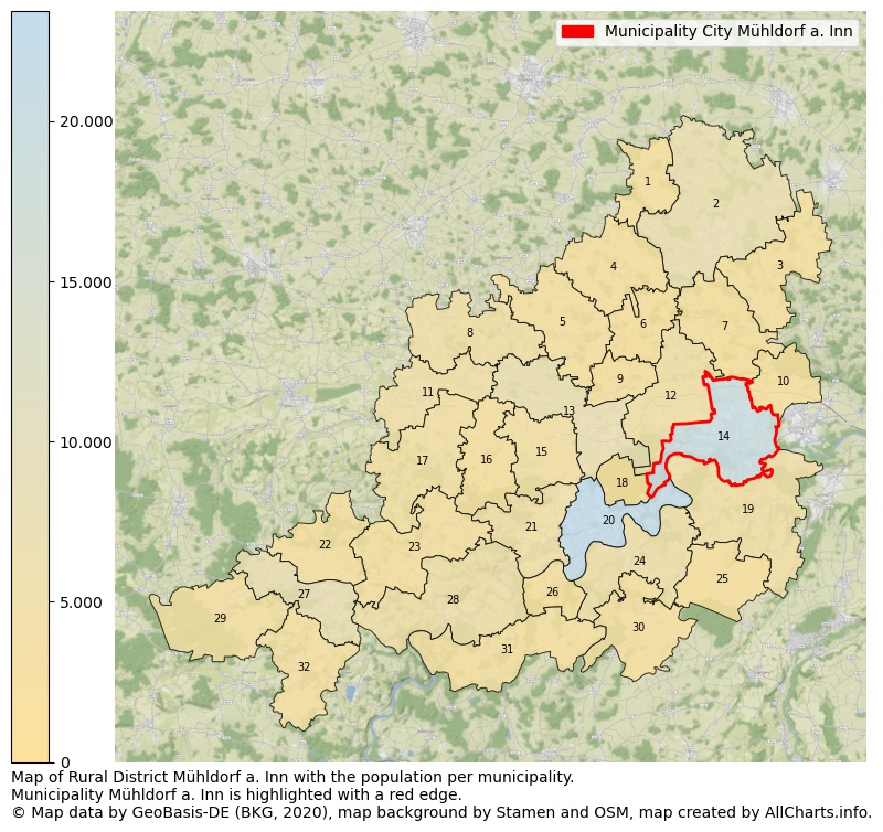 Map of Rural district Mühldorf a. Inn with the population per municipality.Municipality Mühldorf a. Inn is highlighted with a red edge.. This page shows a lot of information about residents (such as the distribution by age groups, family composition, gender, native or German with an immigration background, ...), homes (numbers, types, price development, use, type of property, ...) and more (car ownership, energy consumption, ...) based on open data from the German Federal Agency for Cartography, the Federal Statistical Office (DESTATIS), the Regional Statistical Offices and various other sources!