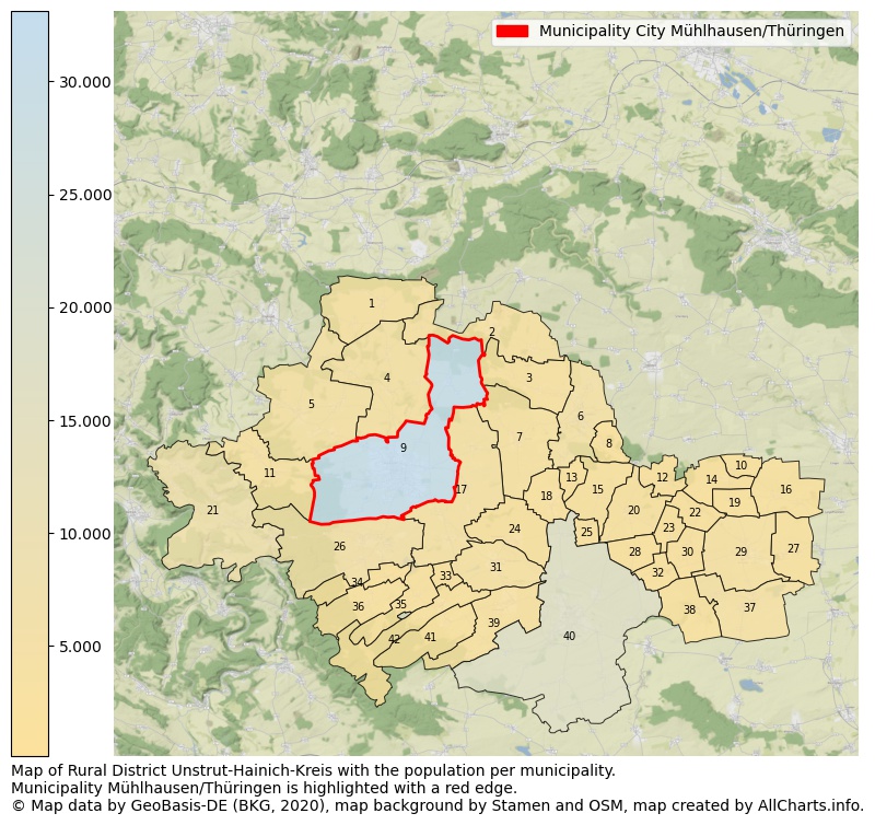 Map of Rural district Unstrut-Hainich-Kreis with the population per municipality.Municipality Mühlhausen/Thüringen is highlighted with a red edge.. This page shows a lot of information about residents (such as the distribution by age groups, family composition, gender, native or German with an immigration background, ...), homes (numbers, types, price development, use, type of property, ...) and more (car ownership, energy consumption, ...) based on open data from the German Federal Agency for Cartography, the Federal Statistical Office (DESTATIS), the Regional Statistical Offices and various other sources!