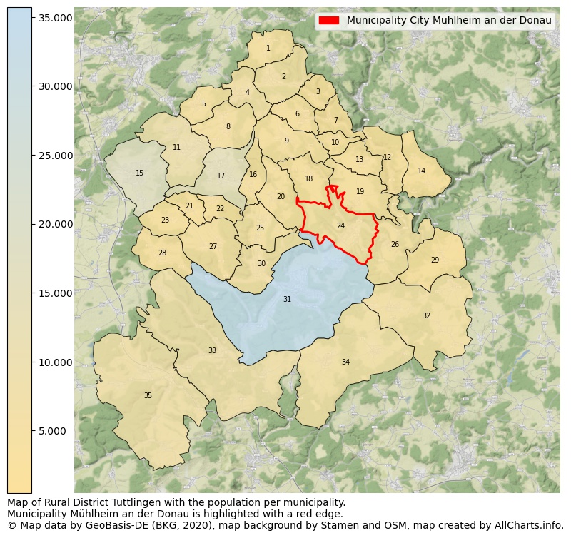 Map of Rural district Tuttlingen with the population per municipality.Municipality Mühlheim an der Donau is highlighted with a red edge.. This page shows a lot of information about residents (such as the distribution by age groups, family composition, gender, native or German with an immigration background, ...), homes (numbers, types, price development, use, type of property, ...) and more (car ownership, energy consumption, ...) based on open data from the German Federal Agency for Cartography, the Federal Statistical Office (DESTATIS), the Regional Statistical Offices and various other sources!