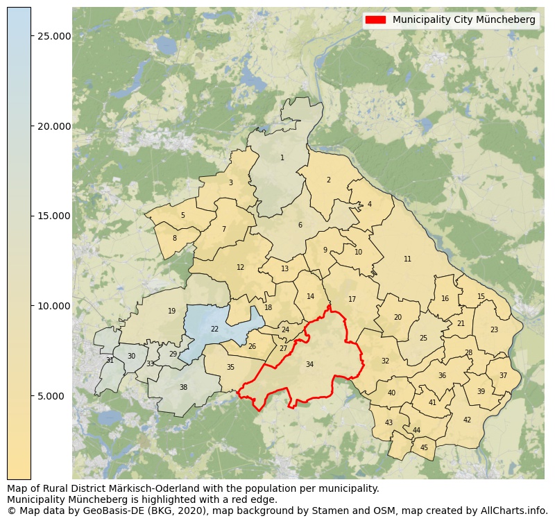 Map of Rural district Märkisch-Oderland with the population per municipality.Municipality Müncheberg is highlighted with a red edge.. This page shows a lot of information about residents (such as the distribution by age groups, family composition, gender, native or German with an immigration background, ...), homes (numbers, types, price development, use, type of property, ...) and more (car ownership, energy consumption, ...) based on open data from the German Federal Agency for Cartography, the Federal Statistical Office (DESTATIS), the Regional Statistical Offices and various other sources!