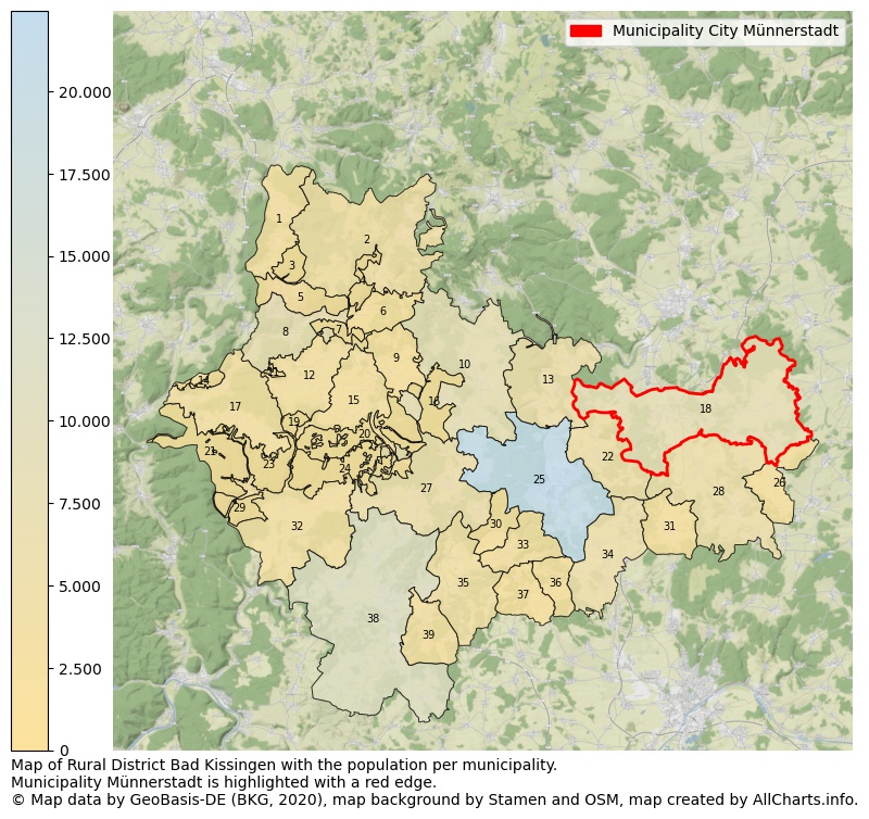 Map of Rural district Bad Kissingen with the population per municipality.Municipality Münnerstadt is highlighted with a red edge.. This page shows a lot of information about residents (such as the distribution by age groups, family composition, gender, native or German with an immigration background, ...), homes (numbers, types, price development, use, type of property, ...) and more (car ownership, energy consumption, ...) based on open data from the German Federal Agency for Cartography, the Federal Statistical Office (DESTATIS), the Regional Statistical Offices and various other sources!