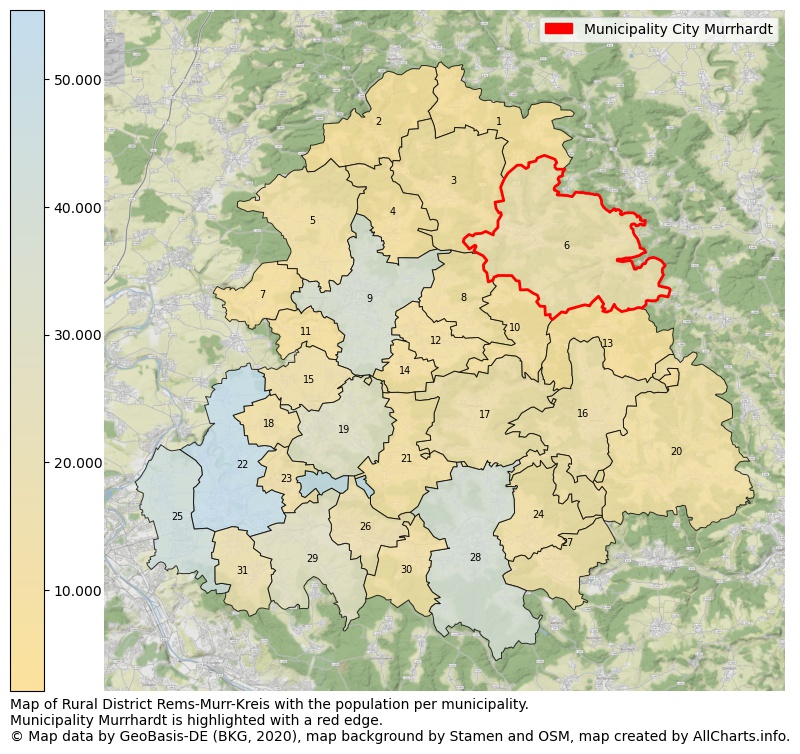 Map of Rural district Rems-Murr-Kreis with the population per municipality.Municipality Murrhardt is highlighted with a red edge.. This page shows a lot of information about residents (such as the distribution by age groups, family composition, gender, native or German with an immigration background, ...), homes (numbers, types, price development, use, type of property, ...) and more (car ownership, energy consumption, ...) based on open data from the German Federal Agency for Cartography, the Federal Statistical Office (DESTATIS), the Regional Statistical Offices and various other sources!