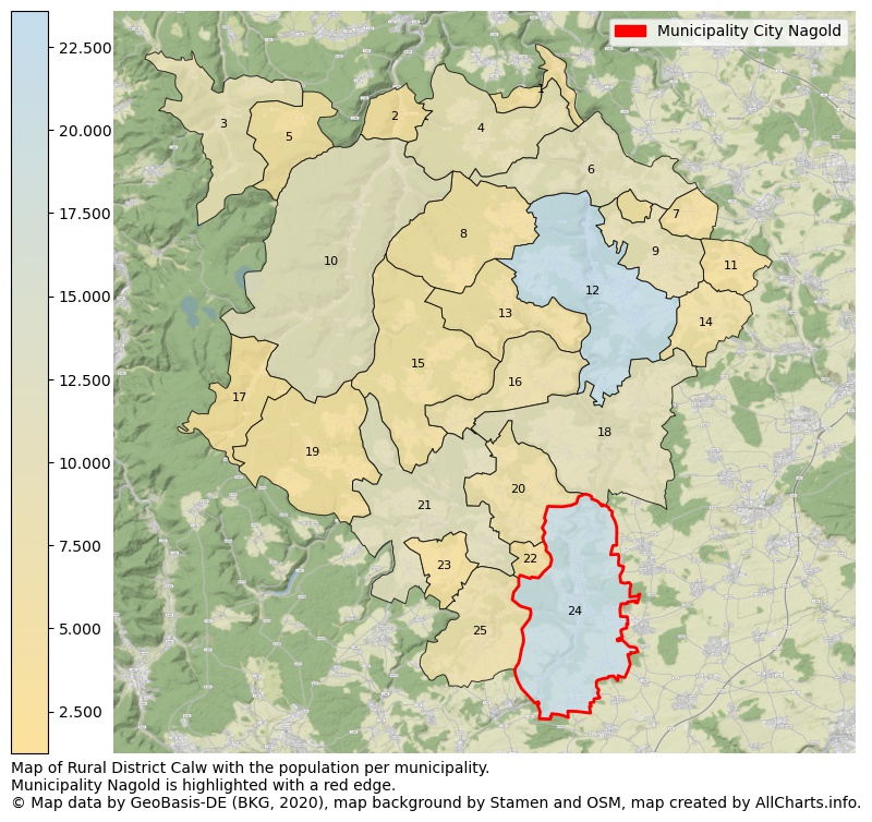 Map of Rural district Calw with the population per municipality.Municipality Nagold is highlighted with a red edge.. This page shows a lot of information about residents (such as the distribution by age groups, family composition, gender, native or German with an immigration background, ...), homes (numbers, types, price development, use, type of property, ...) and more (car ownership, energy consumption, ...) based on open data from the German Federal Agency for Cartography, the Federal Statistical Office (DESTATIS), the Regional Statistical Offices and various other sources!
