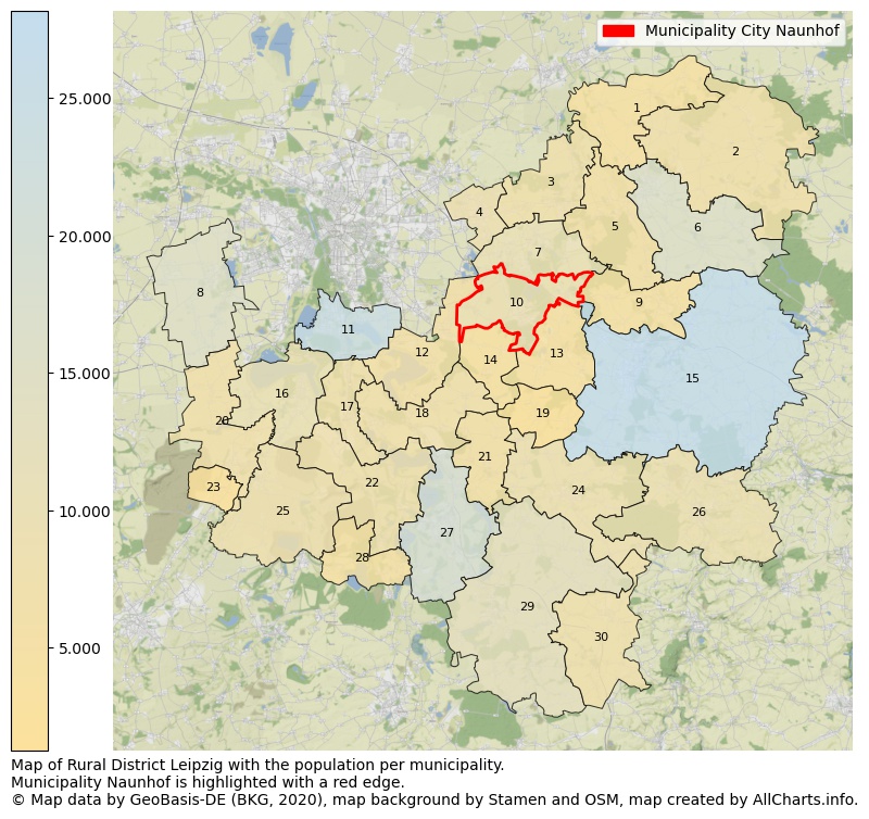 Map of Rural district Leipzig with the population per municipality.Municipality Naunhof is highlighted with a red edge.. This page shows a lot of information about residents (such as the distribution by age groups, family composition, gender, native or German with an immigration background, ...), homes (numbers, types, price development, use, type of property, ...) and more (car ownership, energy consumption, ...) based on open data from the German Federal Agency for Cartography, the Federal Statistical Office (DESTATIS), the Regional Statistical Offices and various other sources!