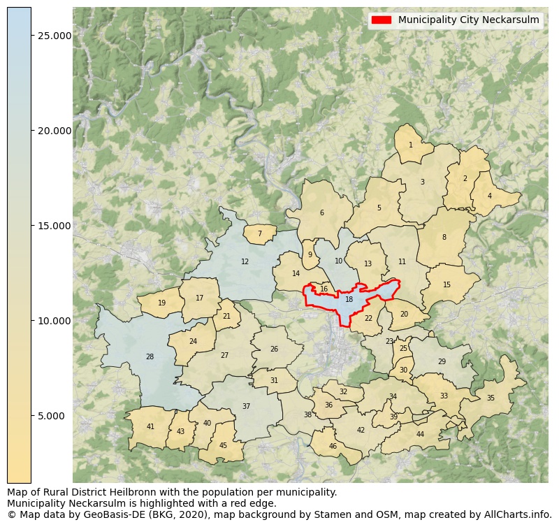 Map of Rural district Heilbronn with the population per municipality.Municipality Neckarsulm is highlighted with a red edge.. This page shows a lot of information about residents (such as the distribution by age groups, family composition, gender, native or German with an immigration background, ...), homes (numbers, types, price development, use, type of property, ...) and more (car ownership, energy consumption, ...) based on open data from the German Federal Agency for Cartography, the Federal Statistical Office (DESTATIS), the Regional Statistical Offices and various other sources!