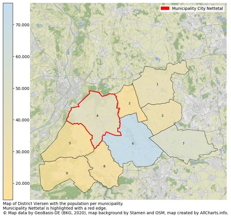 Map of District Viersen with the population per municipality.Municipality Nettetal is highlighted with a red edge.. This page shows a lot of information about residents (such as the distribution by age groups, family composition, gender, native or German with an immigration background, ...), homes (numbers, types, price development, use, type of property, ...) and more (car ownership, energy consumption, ...) based on open data from the German Federal Agency for Cartography, the Federal Statistical Office (DESTATIS), the Regional Statistical Offices and various other sources!