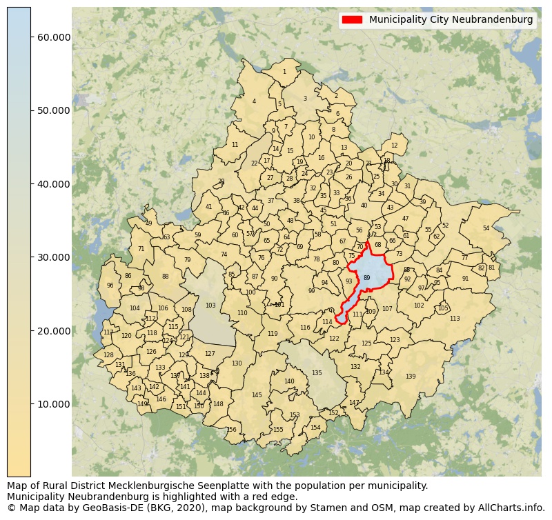 Map of Rural district Mecklenburgische Seenplatte with the population per municipality.Municipality Neubrandenburg is highlighted with a red edge.. This page shows a lot of information about residents (such as the distribution by age groups, family composition, gender, native or German with an immigration background, ...), homes (numbers, types, price development, use, type of property, ...) and more (car ownership, energy consumption, ...) based on open data from the German Federal Agency for Cartography, the Federal Statistical Office (DESTATIS), the Regional Statistical Offices and various other sources!