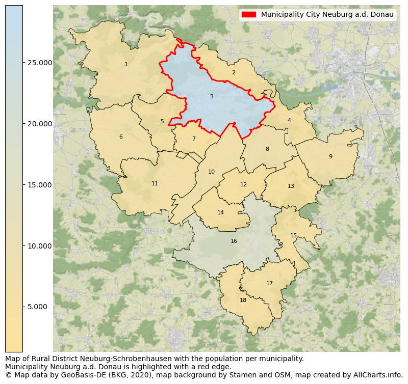 Map of Rural district Neuburg-Schrobenhausen with the population per municipality.Municipality Neuburg a.d. Donau is highlighted with a red edge.. This page shows a lot of information about residents (such as the distribution by age groups, family composition, gender, native or German with an immigration background, ...), homes (numbers, types, price development, use, type of property, ...) and more (car ownership, energy consumption, ...) based on open data from the German Federal Agency for Cartography, the Federal Statistical Office (DESTATIS), the Regional Statistical Offices and various other sources!
