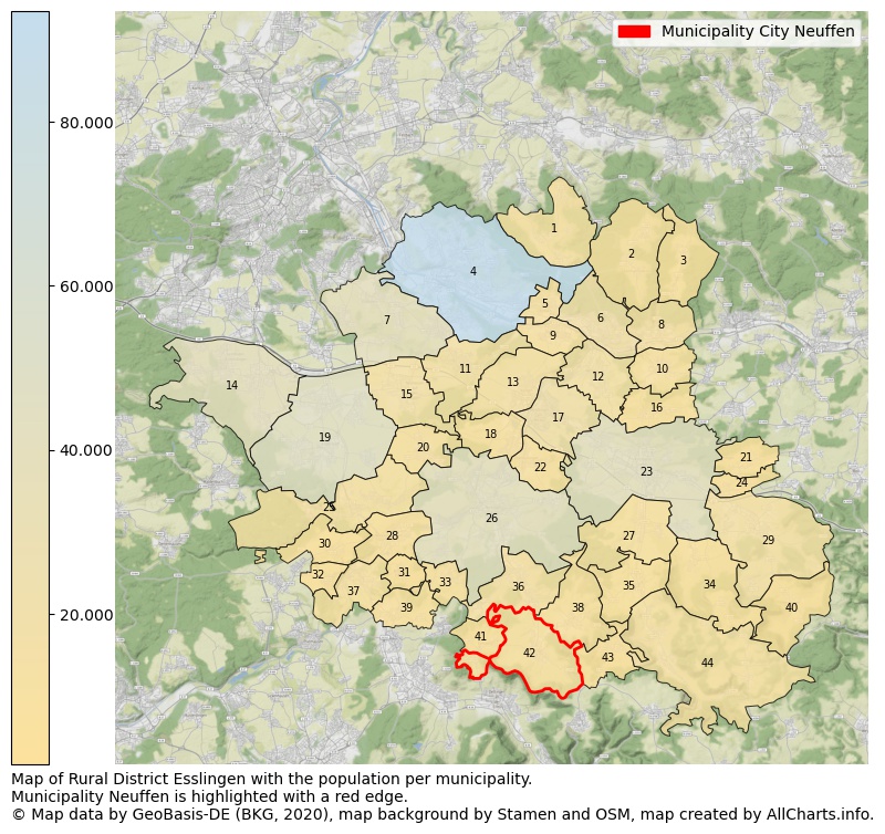 Map of Rural district Esslingen with the population per municipality.Municipality Neuffen is highlighted with a red edge.. This page shows a lot of information about residents (such as the distribution by age groups, family composition, gender, native or German with an immigration background, ...), homes (numbers, types, price development, use, type of property, ...) and more (car ownership, energy consumption, ...) based on open data from the German Federal Agency for Cartography, the Federal Statistical Office (DESTATIS), the Regional Statistical Offices and various other sources!