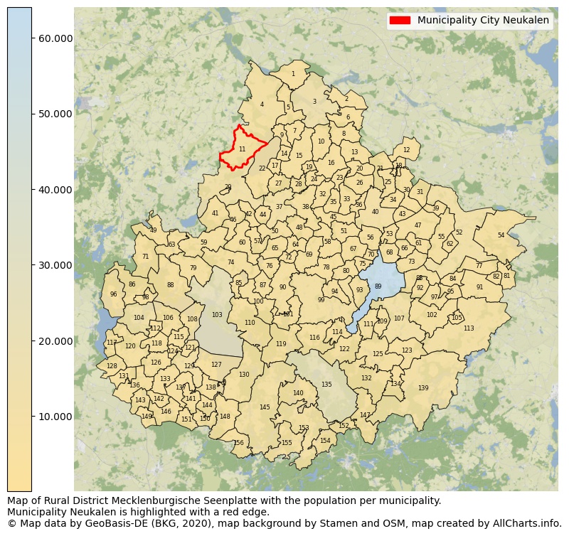 Map of Rural district Mecklenburgische Seenplatte with the population per municipality.Municipality Neukalen is highlighted with a red edge.. This page shows a lot of information about residents (such as the distribution by age groups, family composition, gender, native or German with an immigration background, ...), homes (numbers, types, price development, use, type of property, ...) and more (car ownership, energy consumption, ...) based on open data from the German Federal Agency for Cartography, the Federal Statistical Office (DESTATIS), the Regional Statistical Offices and various other sources!