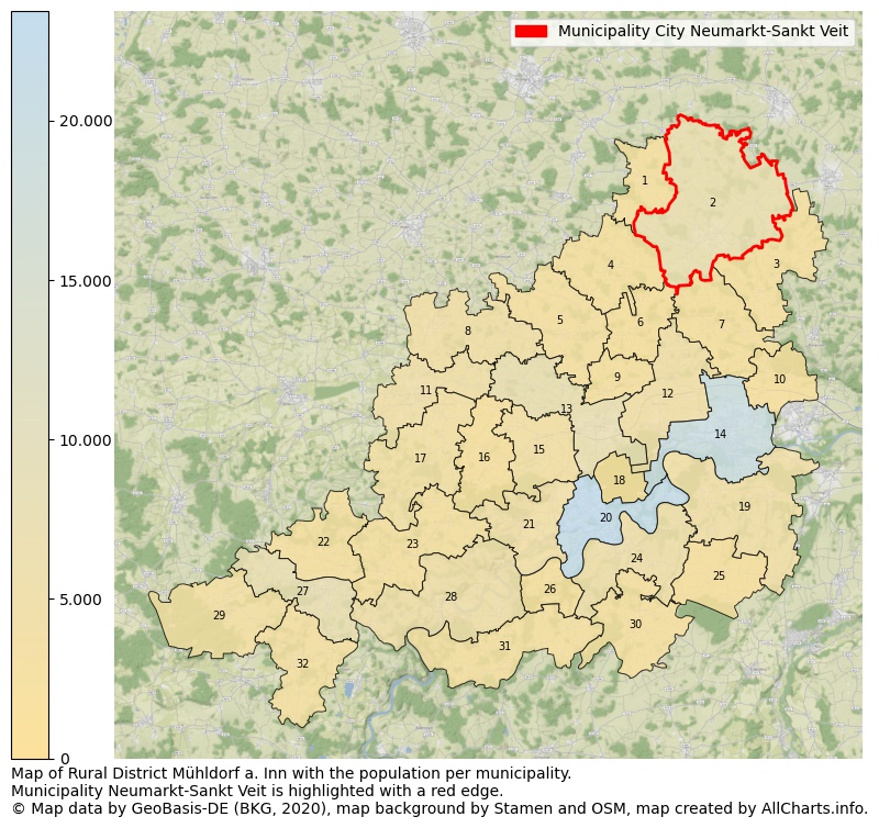 Map of Rural district Mühldorf a. Inn with the population per municipality.Municipality Neumarkt-Sankt Veit is highlighted with a red edge.. This page shows a lot of information about residents (such as the distribution by age groups, family composition, gender, native or German with an immigration background, ...), homes (numbers, types, price development, use, type of property, ...) and more (car ownership, energy consumption, ...) based on open data from the German Federal Agency for Cartography, the Federal Statistical Office (DESTATIS), the Regional Statistical Offices and various other sources!