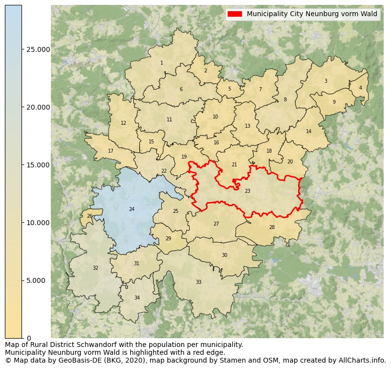 Map of Rural district Schwandorf with the population per municipality.Municipality Neunburg vorm Wald is highlighted with a red edge.. This page shows a lot of information about residents (such as the distribution by age groups, family composition, gender, native or German with an immigration background, ...), homes (numbers, types, price development, use, type of property, ...) and more (car ownership, energy consumption, ...) based on open data from the German Federal Agency for Cartography, the Federal Statistical Office (DESTATIS), the Regional Statistical Offices and various other sources!