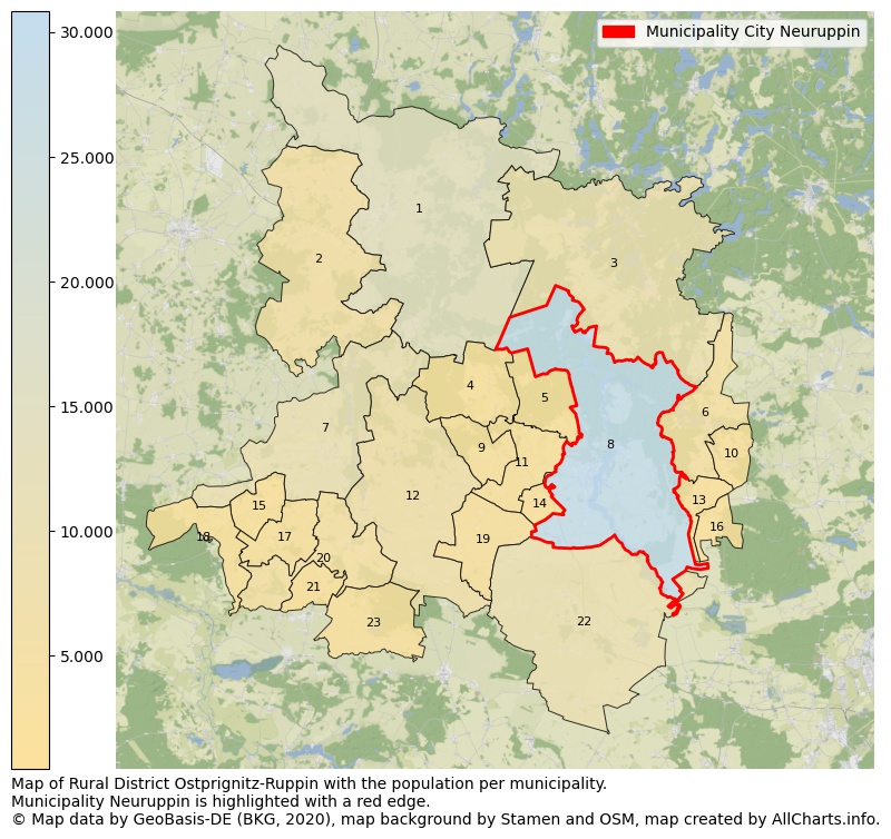Map of Rural district Ostprignitz-Ruppin with the population per municipality.Municipality Neuruppin is highlighted with a red edge.. This page shows a lot of information about residents (such as the distribution by age groups, family composition, gender, native or German with an immigration background, ...), homes (numbers, types, price development, use, type of property, ...) and more (car ownership, energy consumption, ...) based on open data from the German Federal Agency for Cartography, the Federal Statistical Office (DESTATIS), the Regional Statistical Offices and various other sources!