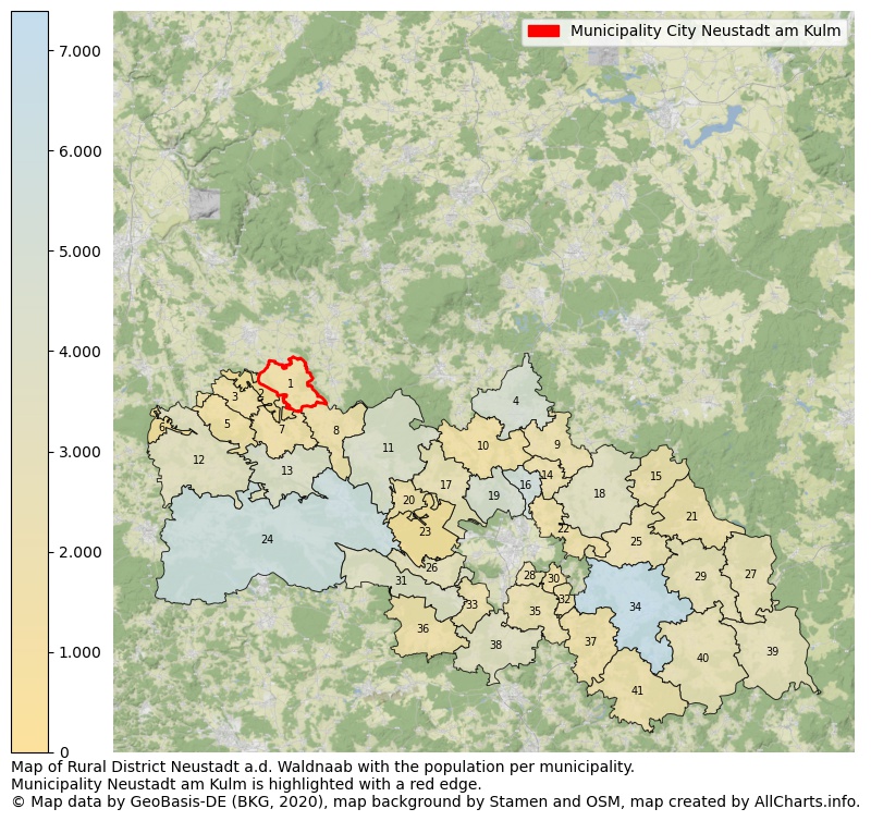 Map of Rural district Neustadt a.d. Waldnaab with the population per municipality.Municipality Neustadt am Kulm is highlighted with a red edge.. This page shows a lot of information about residents (such as the distribution by age groups, family composition, gender, native or German with an immigration background, ...), homes (numbers, types, price development, use, type of property, ...) and more (car ownership, energy consumption, ...) based on open data from the German Federal Agency for Cartography, the Federal Statistical Office (DESTATIS), the Regional Statistical Offices and various other sources!