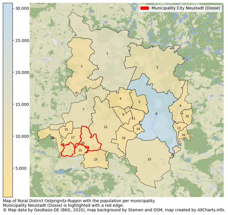 Map of Rural district Ostprignitz-Ruppin with the population per municipality.Municipality Neustadt (Dosse) is highlighted with a red edge.. This page shows a lot of information about residents (such as the distribution by age groups, family composition, gender, native or German with an immigration background, ...), homes (numbers, types, price development, use, type of property, ...) and more (car ownership, energy consumption, ...) based on open data from the German Federal Agency for Cartography, the Federal Statistical Office (DESTATIS), the Regional Statistical Offices and various other sources!