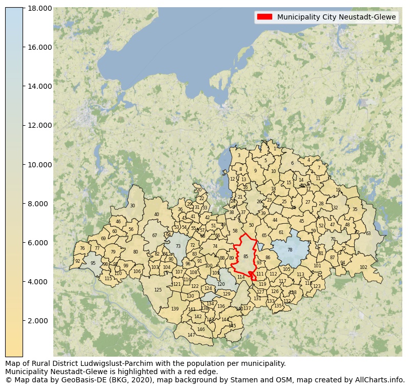 Map of Rural district Ludwigslust-Parchim with the population per municipality.Municipality Neustadt-Glewe is highlighted with a red edge.. This page shows a lot of information about residents (such as the distribution by age groups, family composition, gender, native or German with an immigration background, ...), homes (numbers, types, price development, use, type of property, ...) and more (car ownership, energy consumption, ...) based on open data from the German Federal Agency for Cartography, the Federal Statistical Office (DESTATIS), the Regional Statistical Offices and various other sources!