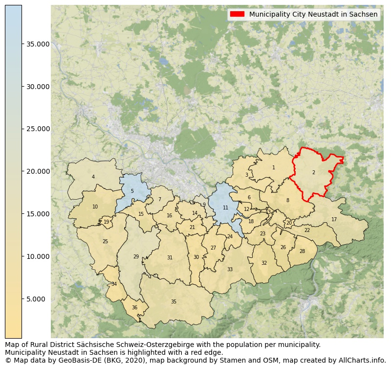 Map of Rural district Sächsische Schweiz-Osterzgebirge with the population per municipality.Municipality Neustadt in Sachsen is highlighted with a red edge.. This page shows a lot of information about residents (such as the distribution by age groups, family composition, gender, native or German with an immigration background, ...), homes (numbers, types, price development, use, type of property, ...) and more (car ownership, energy consumption, ...) based on open data from the German Federal Agency for Cartography, the Federal Statistical Office (DESTATIS), the Regional Statistical Offices and various other sources!