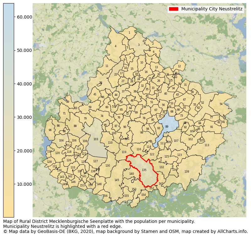 Map of Rural district Mecklenburgische Seenplatte with the population per municipality.Municipality Neustrelitz is highlighted with a red edge.. This page shows a lot of information about residents (such as the distribution by age groups, family composition, gender, native or German with an immigration background, ...), homes (numbers, types, price development, use, type of property, ...) and more (car ownership, energy consumption, ...) based on open data from the German Federal Agency for Cartography, the Federal Statistical Office (DESTATIS), the Regional Statistical Offices and various other sources!