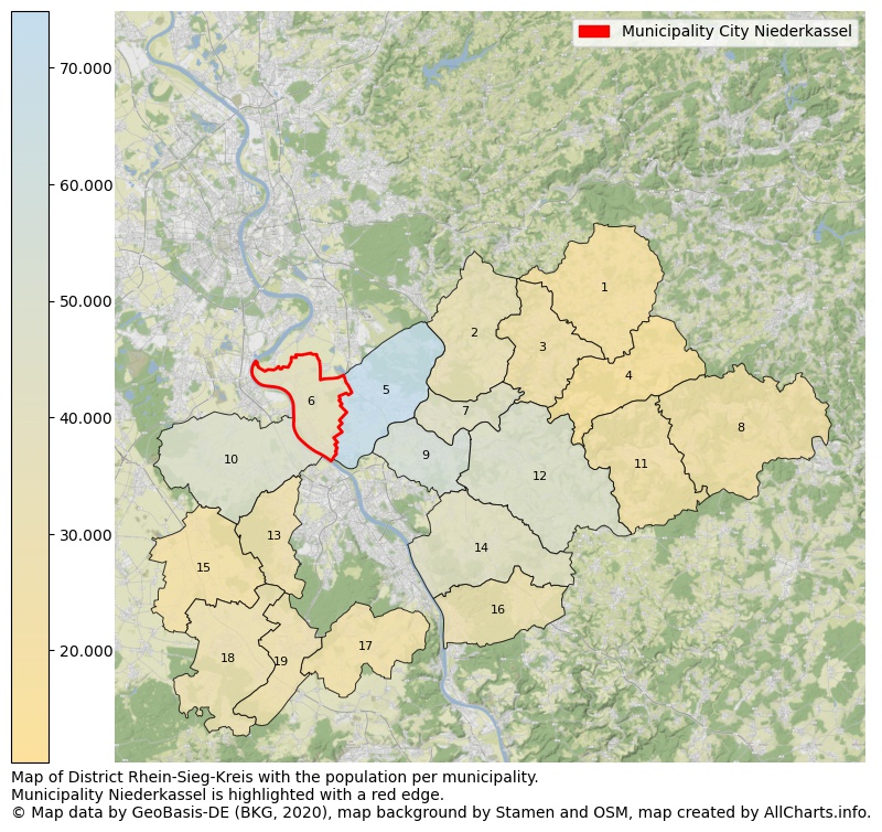 Map of District Rhein-Sieg-Kreis with the population per municipality.Municipality Niederkassel is highlighted with a red edge.. This page shows a lot of information about residents (such as the distribution by age groups, family composition, gender, native or German with an immigration background, ...), homes (numbers, types, price development, use, type of property, ...) and more (car ownership, energy consumption, ...) based on open data from the German Federal Agency for Cartography, the Federal Statistical Office (DESTATIS), the Regional Statistical Offices and various other sources!