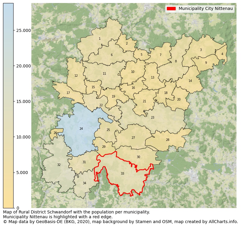 Map of Rural district Schwandorf with the population per municipality.Municipality Nittenau is highlighted with a red edge.. This page shows a lot of information about residents (such as the distribution by age groups, family composition, gender, native or German with an immigration background, ...), homes (numbers, types, price development, use, type of property, ...) and more (car ownership, energy consumption, ...) based on open data from the German Federal Agency for Cartography, the Federal Statistical Office (DESTATIS), the Regional Statistical Offices and various other sources!