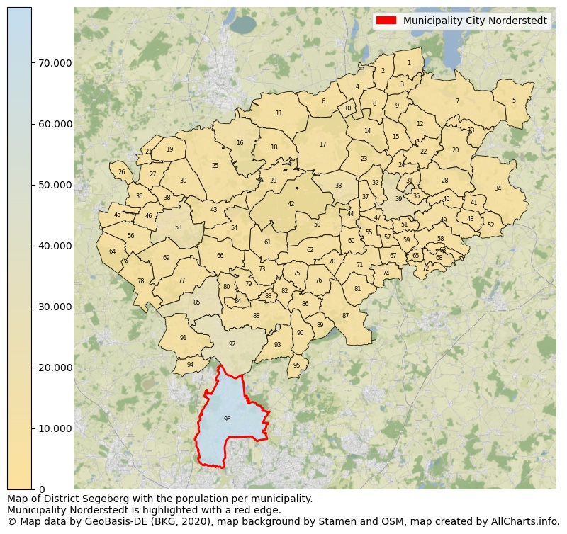 Map of District Segeberg with the population per municipality.Municipality Norderstedt is highlighted with a red edge.. This page shows a lot of information about residents (such as the distribution by age groups, family composition, gender, native or German with an immigration background, ...), homes (numbers, types, price development, use, type of property, ...) and more (car ownership, energy consumption, ...) based on open data from the German Federal Agency for Cartography, the Federal Statistical Office (DESTATIS), the Regional Statistical Offices and various other sources!