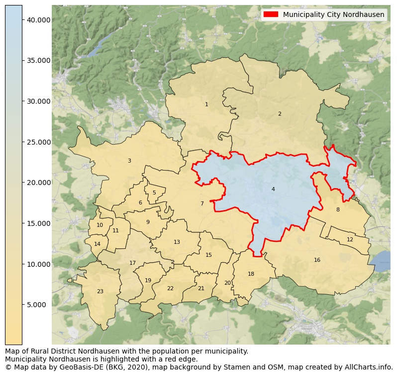 Map of Rural district Nordhausen with the population per municipality.Municipality Nordhausen is highlighted with a red edge.. This page shows a lot of information about residents (such as the distribution by age groups, family composition, gender, native or German with an immigration background, ...), homes (numbers, types, price development, use, type of property, ...) and more (car ownership, energy consumption, ...) based on open data from the German Federal Agency for Cartography, the Federal Statistical Office (DESTATIS), the Regional Statistical Offices and various other sources!